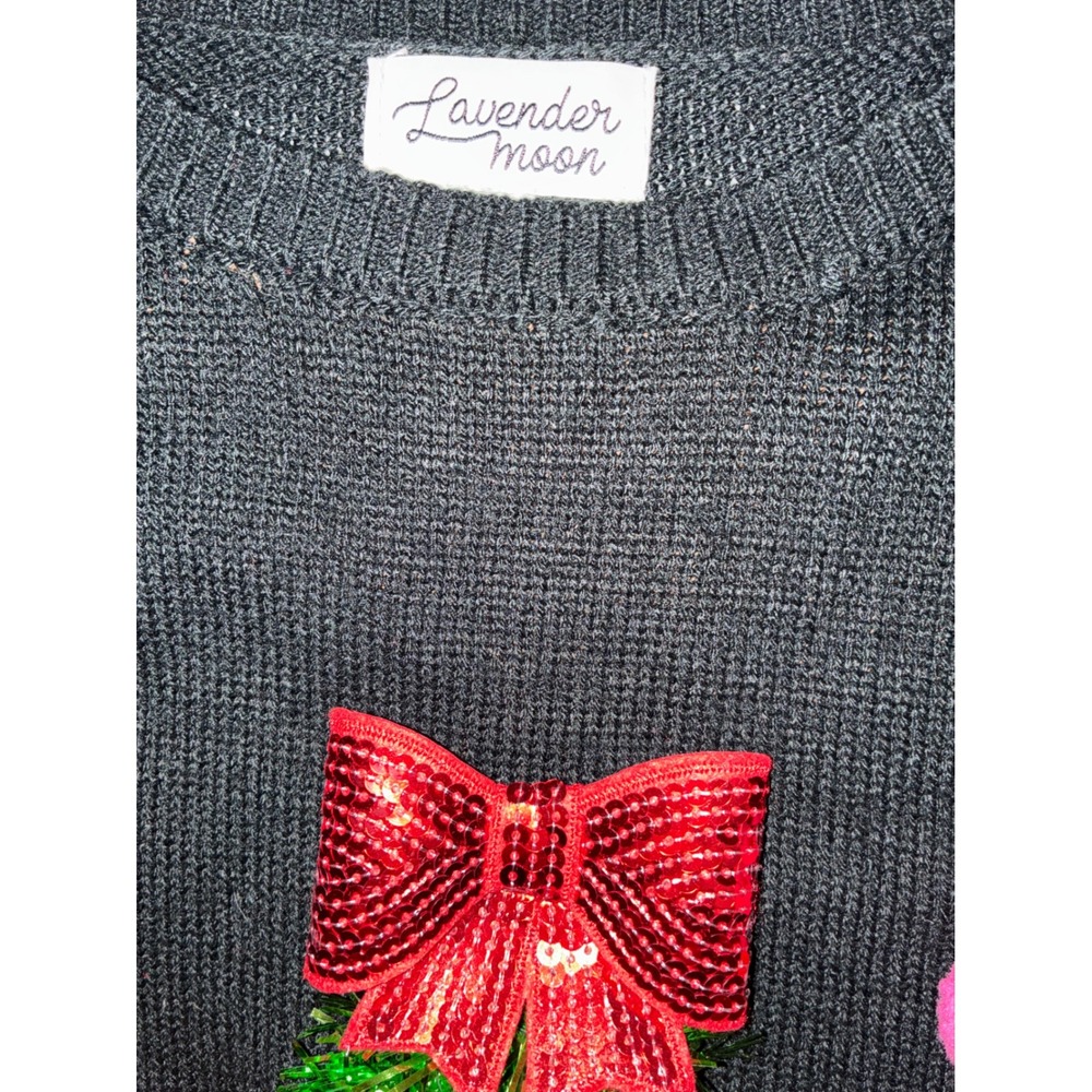 Lavender Moon Womens Black Tinsel Christmas Tree Sweater Poms Sequin Bow M READ - Picture 3 of 10
